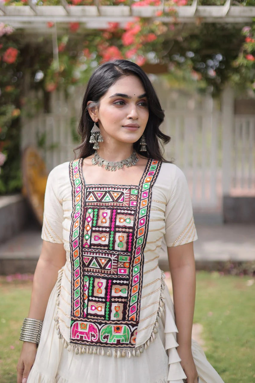 White Cotton Lehenga Choli Set with Kutchi Patchwork Blouse and 12 Meter Flared Lehenga