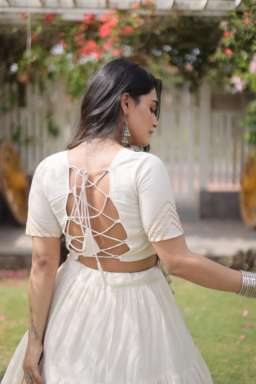 White Cotton Lehenga Choli Set with Kutchi Patchwork Blouse and 12 Meter Flared Lehenga