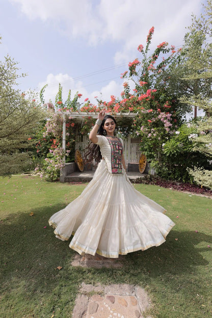 White Cotton Lehenga Choli Set with Kutchi Patchwork Blouse and 12 Meter Flared Lehenga