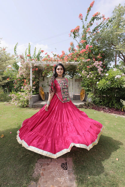 Designer Pink Cotton Lehenga Choli Set with Kutchi Patchwork Blouse and 12 Meter Flared Lehenga