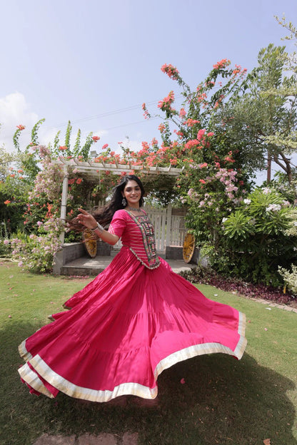 Designer Pink Cotton Lehenga Choli Set with Kutchi Patchwork Blouse and 12 Meter Flared Lehenga