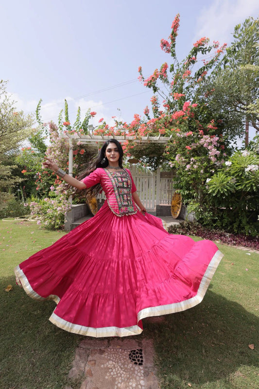 Designer Pink Cotton Lehenga Choli Set with Kutchi Patchwork Blouse and 12 Meter Flared Lehenga