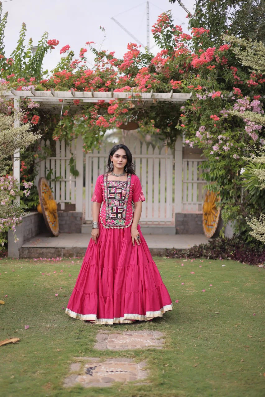 Designer Pink Cotton Lehenga Choli Set with Kutchi Patchwork Blouse and 12 Meter Flared Lehenga