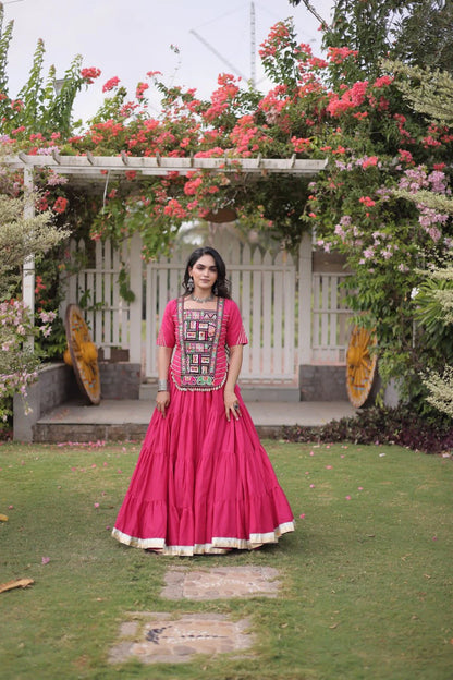 Designer Pink Cotton Lehenga Choli Set with Kutchi Patchwork Blouse and 12 Meter Flared Lehenga