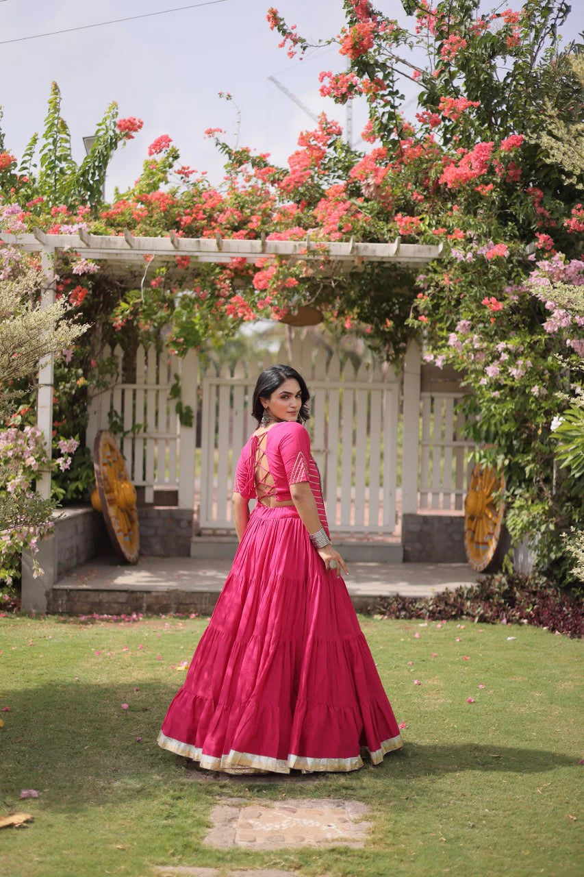 Designer Pink Cotton Lehenga Choli Set with Kutchi Patchwork Blouse and 12 Meter Flared Lehenga