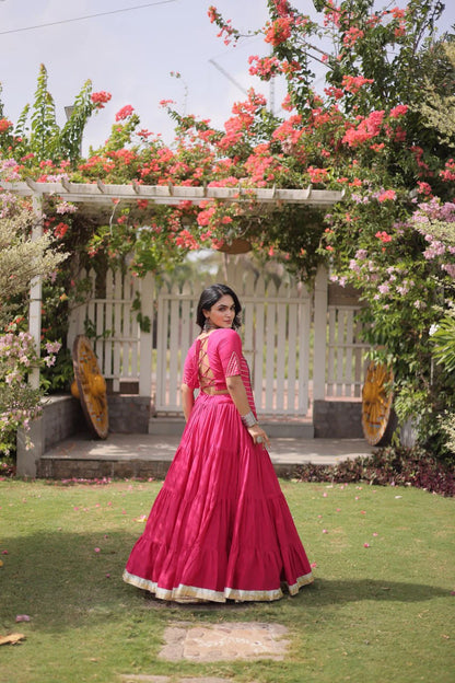 Designer Pink Cotton Lehenga Choli Set with Kutchi Patchwork Blouse and 12 Meter Flared Lehenga