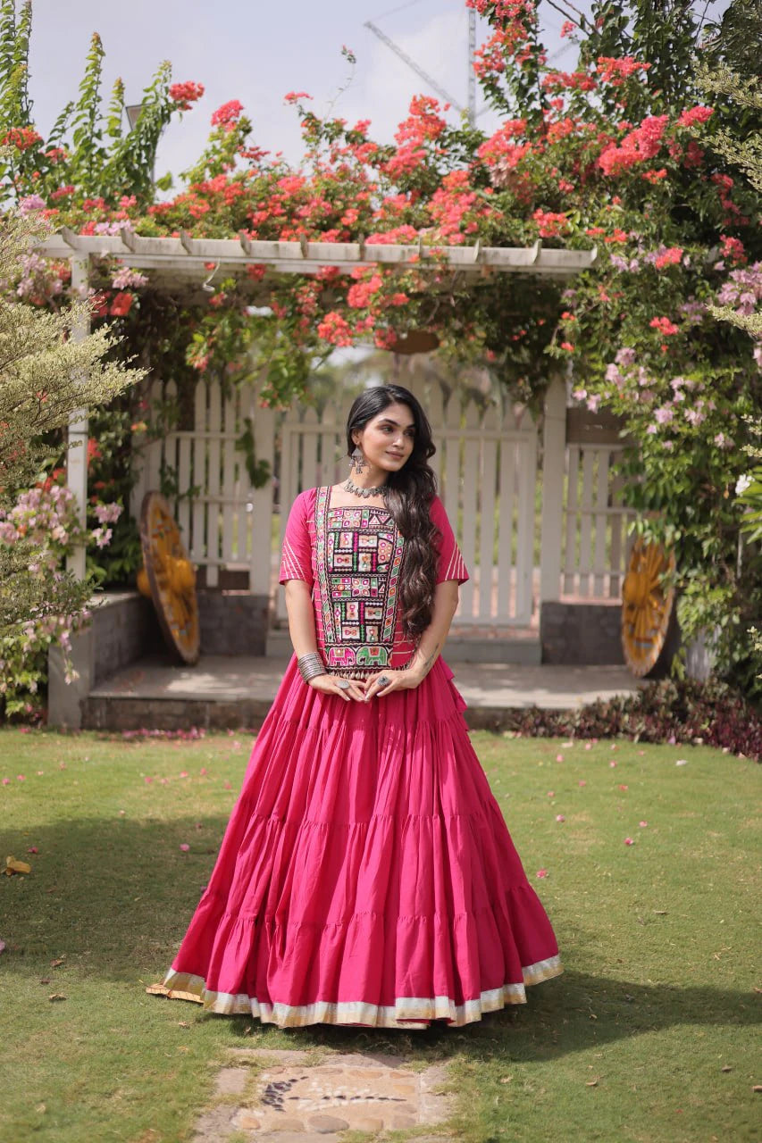 Designer Pink Cotton Lehenga Choli Set with Kutchi Patchwork Blouse and 12 Meter Flared Lehenga