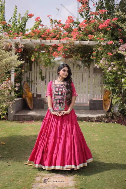 Designer Pink Cotton Lehenga Choli Set with Kutchi Patchwork Blouse and 12 Meter Flared Lehenga