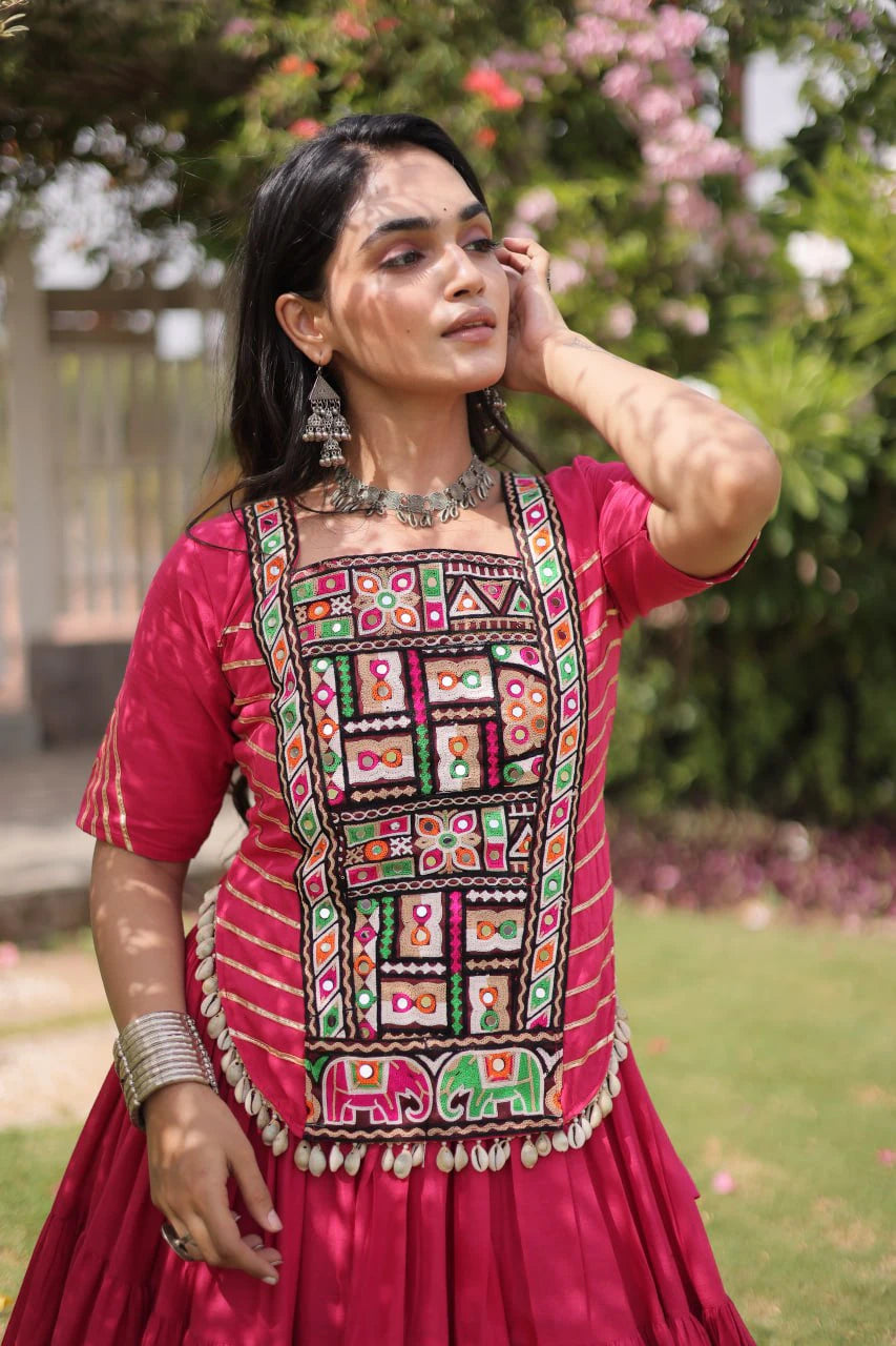 Designer Pink Cotton Lehenga Choli Set with Kutchi Patchwork Blouse and 12 Meter Flared Lehenga