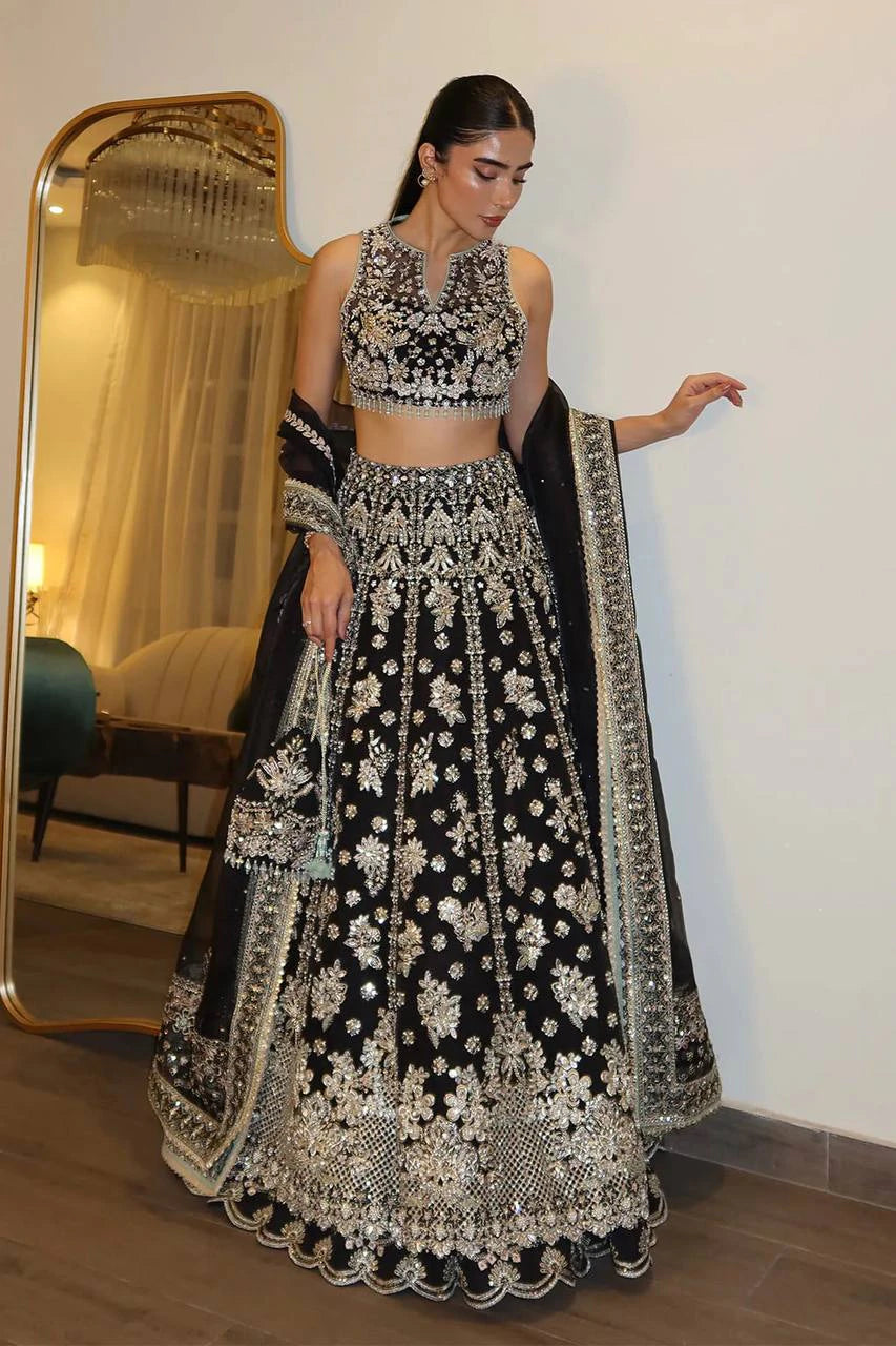 Black and Silver Chinon Silk Lehenga Choli for Wedding and Festive Wear