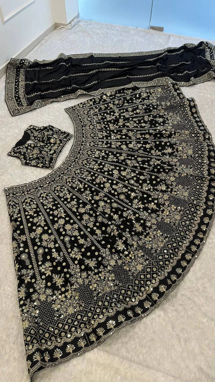 Black and Silver Chinon Silk Lehenga Choli for Wedding and Festive Wear