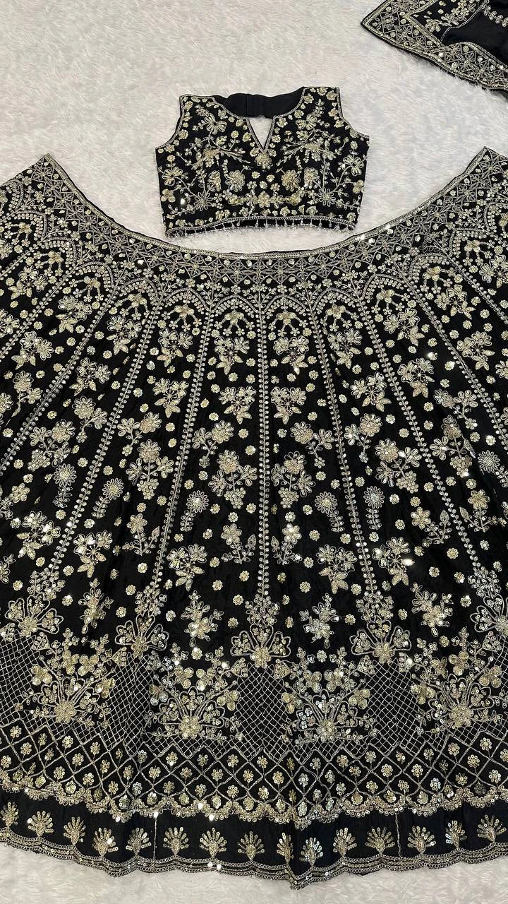 Black and Silver Chinon Silk Lehenga Choli for Wedding and Festive Wear