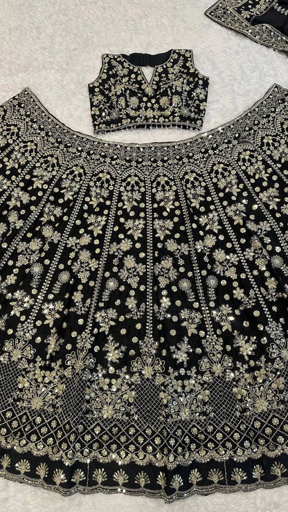 Black and Silver Chinon Silk Lehenga Choli for Wedding and Festive Wear