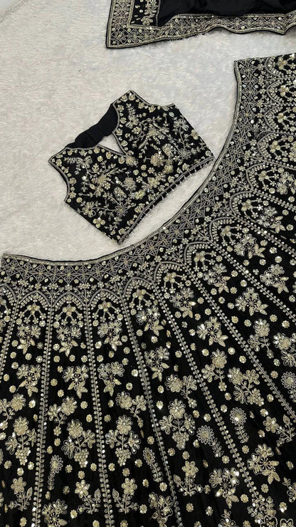 Black and Silver Chinon Silk Lehenga Choli for Wedding and Festive Wear