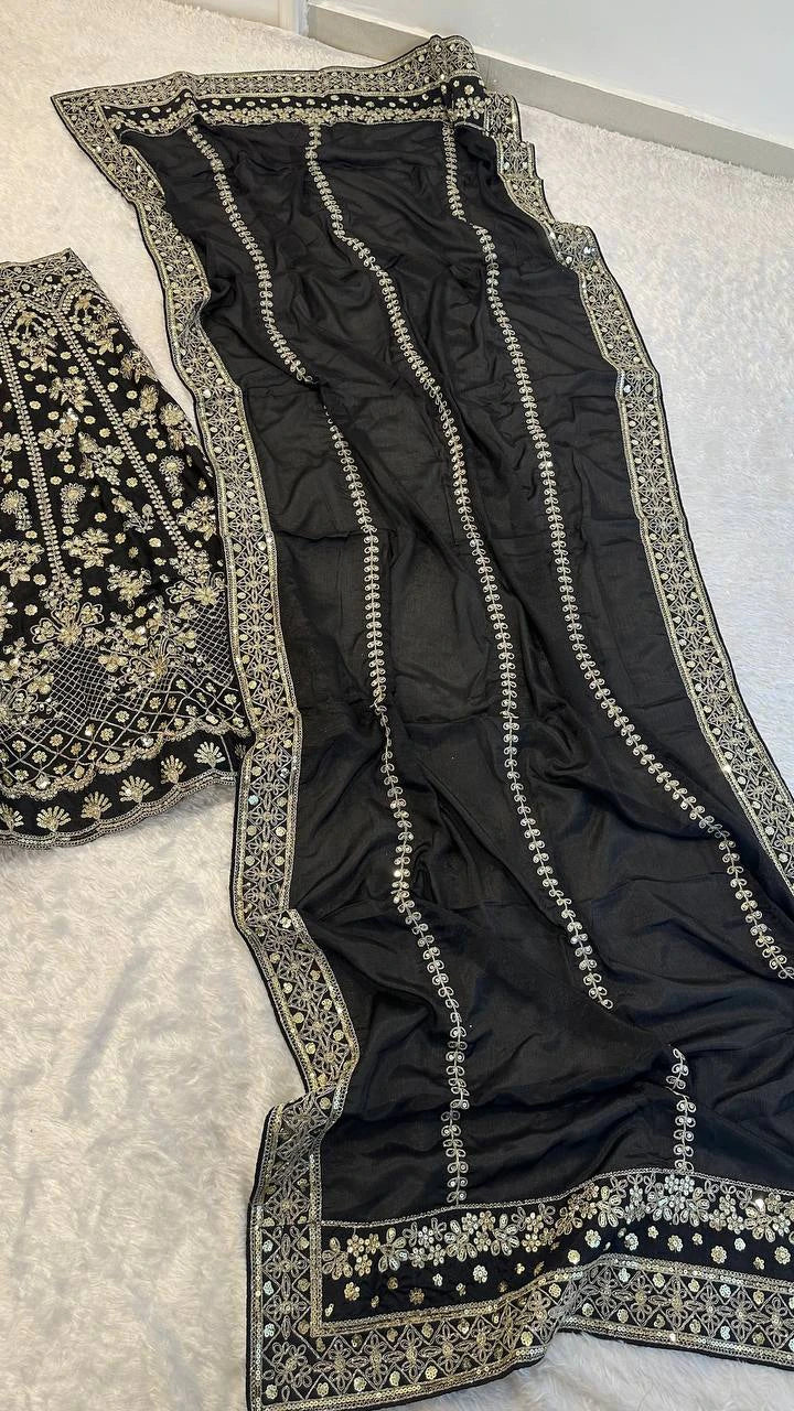 Black and Silver Chinon Silk Lehenga Choli for Wedding and Festive Wear