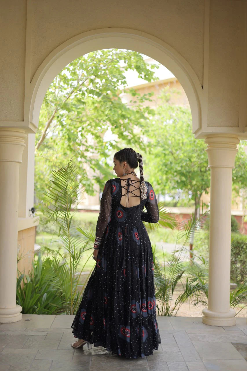 Traditional Black Bandhani Print Gown for Women with Kutchi Patchwork Festive Navratri Wear Dress