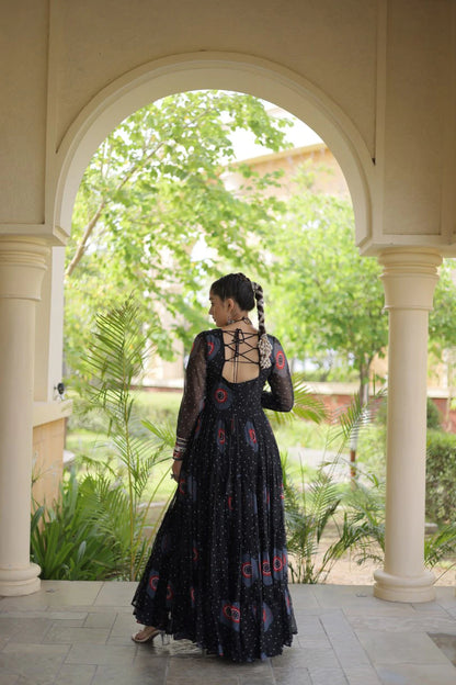 Traditional Black Bandhani Print Gown for Women with Kutchi Patchwork Festive Navratri Wear Dress