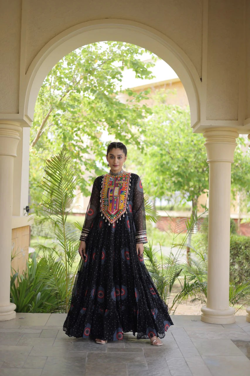 Traditional Black Bandhani Print Gown for Women with Kutchi Patchwork Festive Navratri Wear Dress