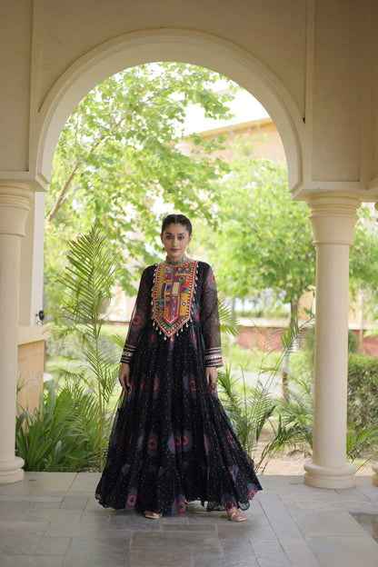 Traditional Black Bandhani Print Gown for Women with Kutchi Patchwork Festive Navratri Wear Dress