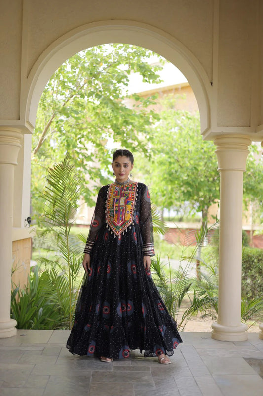 Traditional Black Bandhani Print Gown for Women with Kutchi Patchwork Festive Navratri Wear Dress
