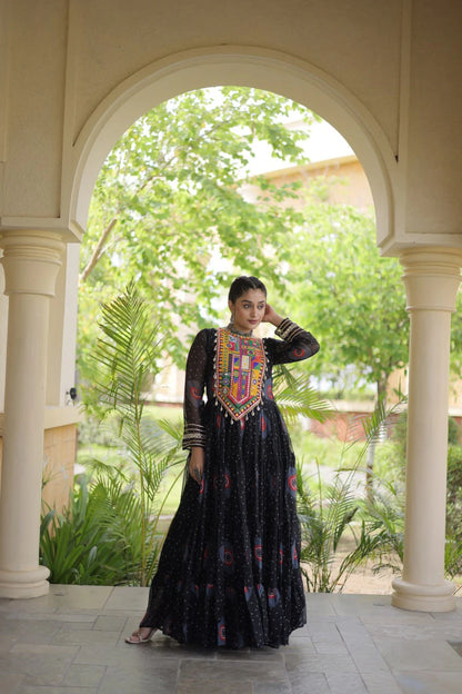 Traditional Black Bandhani Print Gown for Women with Kutchi Patchwork Festive Navratri Wear Dress