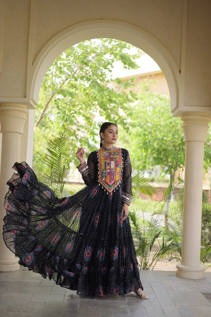 Traditional Black Bandhani Print Gown for Women with Kutchi Patchwork Festive Navratri Wear Dress