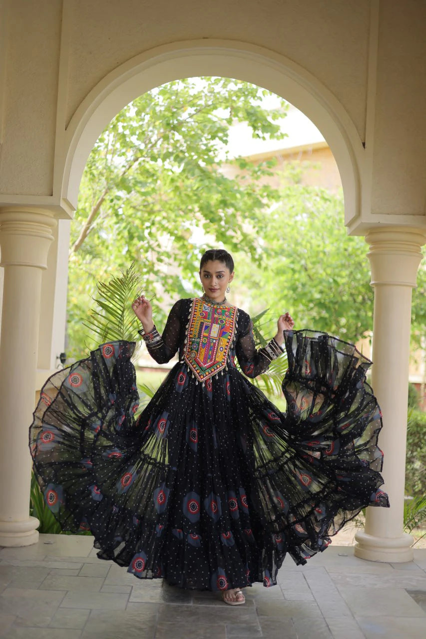 Traditional Black Bandhani Print Gown for Women with Kutchi Patchwork Festive Navratri Wear Dress