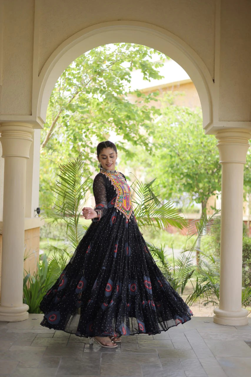 Traditional Black Bandhani Print Gown for Women with Kutchi Patchwork Festive Navratri Wear Dress