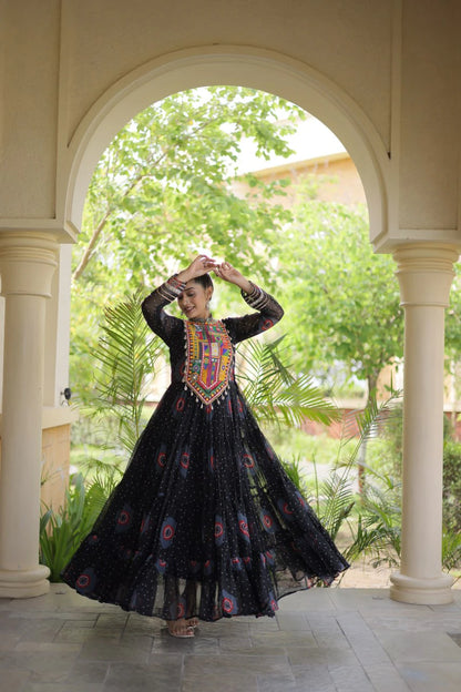 Traditional Black Bandhani Print Gown for Women with Kutchi Patchwork Festive Navratri Wear Dress