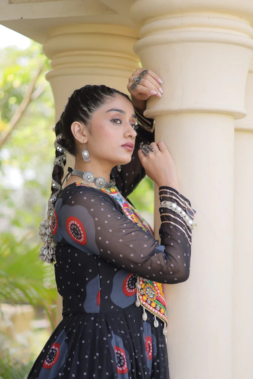 Traditional Black Bandhani Print Gown for Women with Kutchi Patchwork Festive Navratri Wear Dress