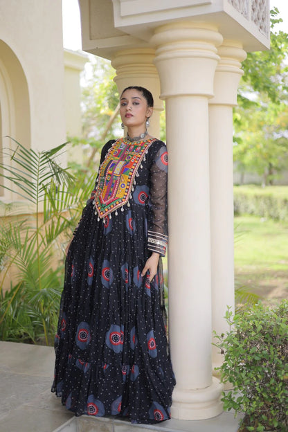 Traditional Black Bandhani Print Gown for Women with Kutchi Patchwork Festive Navratri Wear Dress