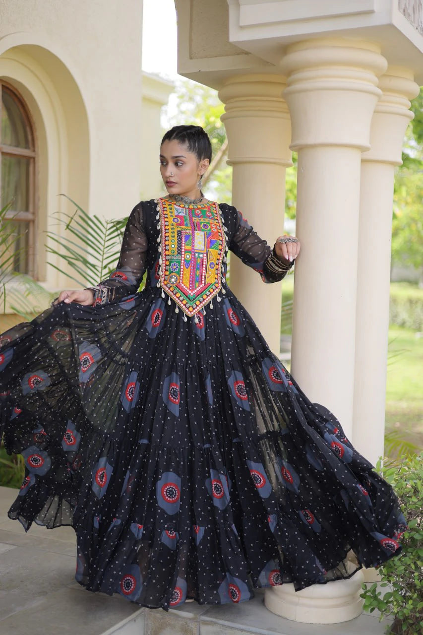 Traditional Black Bandhani Print Gown for Women with Kutchi Patchwork Festive Navratri Wear Dress