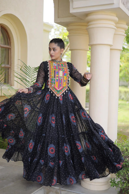 Traditional Black Bandhani Print Gown for Women with Kutchi Patchwork Festive Navratri Wear Dress