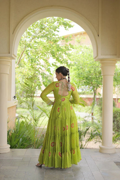 Traditional Green Bandhani Print Gown for Women with Kutchi Patchwork Festive Navratri Wear Dress (Copy)