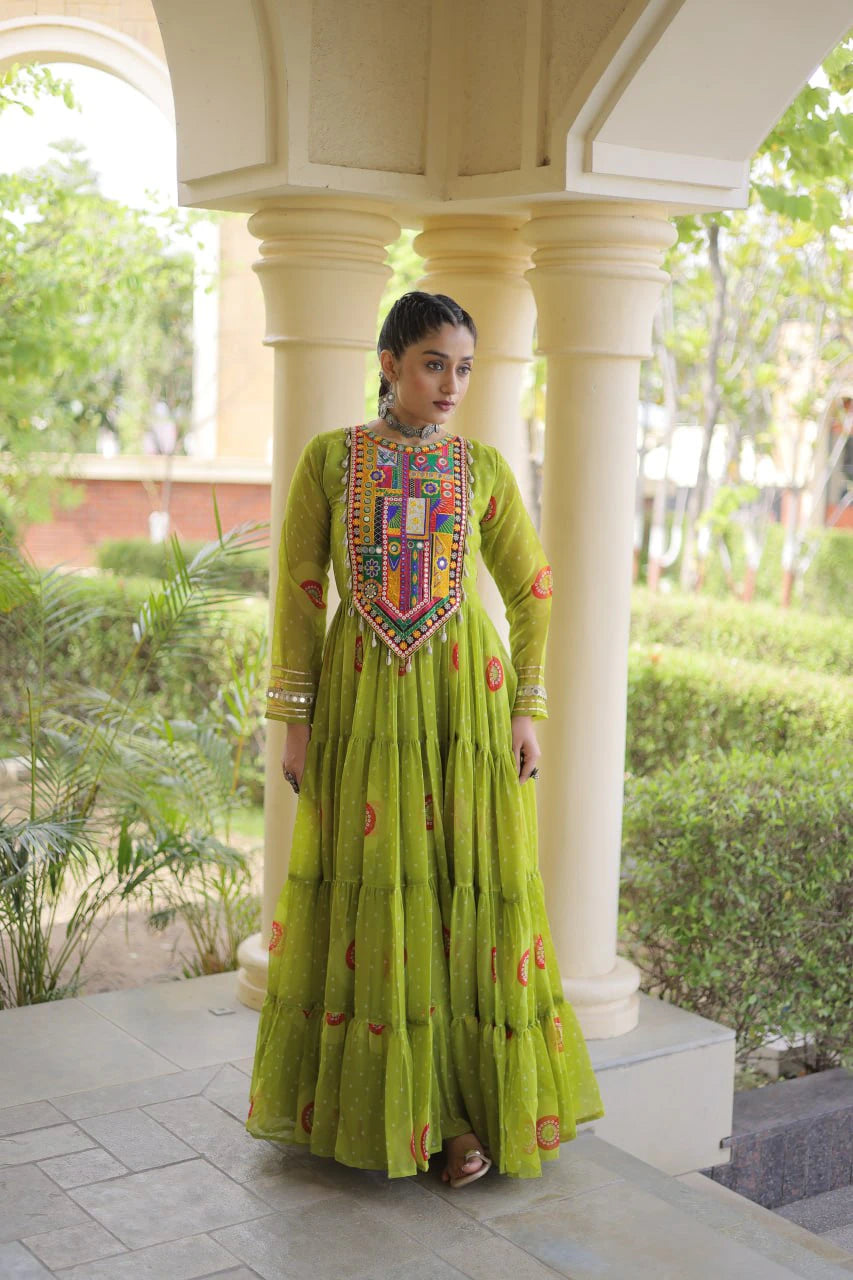 Traditional Green Bandhani Print Gown for Women with Kutchi Patchwork Festive Navratri Wear Dress (Copy)
