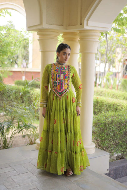 Traditional Green Bandhani Print Gown for Women with Kutchi Patchwork Festive Navratri Wear Dress (Copy)
