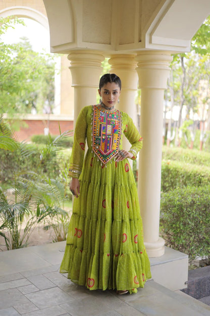 Traditional Green Bandhani Print Gown for Women with Kutchi Patchwork Festive Navratri Wear Dress (Copy)