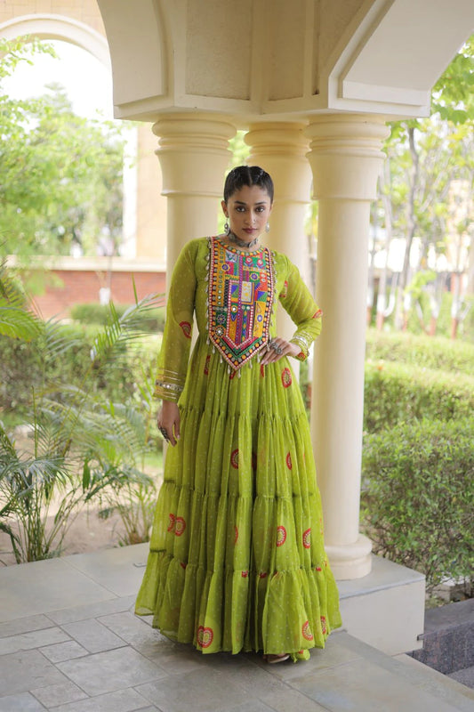 Traditional Green Bandhani Print Gown for Women with Kutchi Patchwork Festive Navratri Wear Dress (Copy)