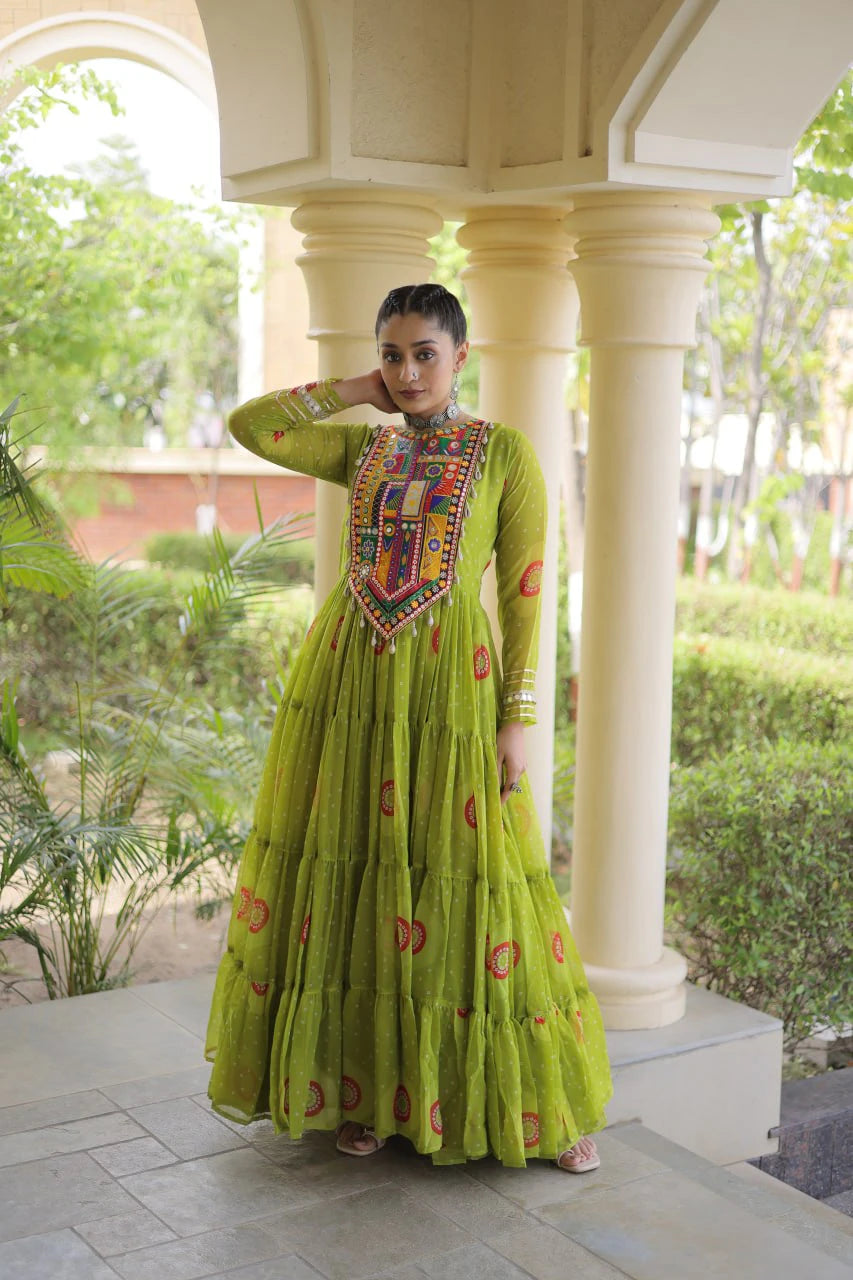 Traditional Green Bandhani Print Gown for Women with Kutchi Patchwork Festive Navratri Wear Dress (Copy)