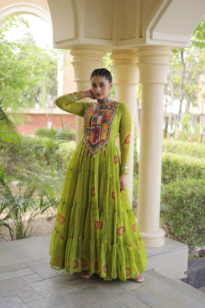 Traditional Green Bandhani Print Gown for Women with Kutchi Patchwork Festive Navratri Wear Dress (Copy)