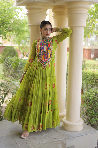 Traditional Green Bandhani Print Gown for Women with Kutchi Patchwork Festive Navratri Wear Dress (Copy)