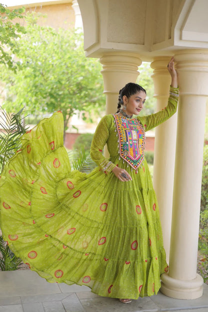 Traditional Green Bandhani Print Gown for Women with Kutchi Patchwork Festive Navratri Wear Dress (Copy)