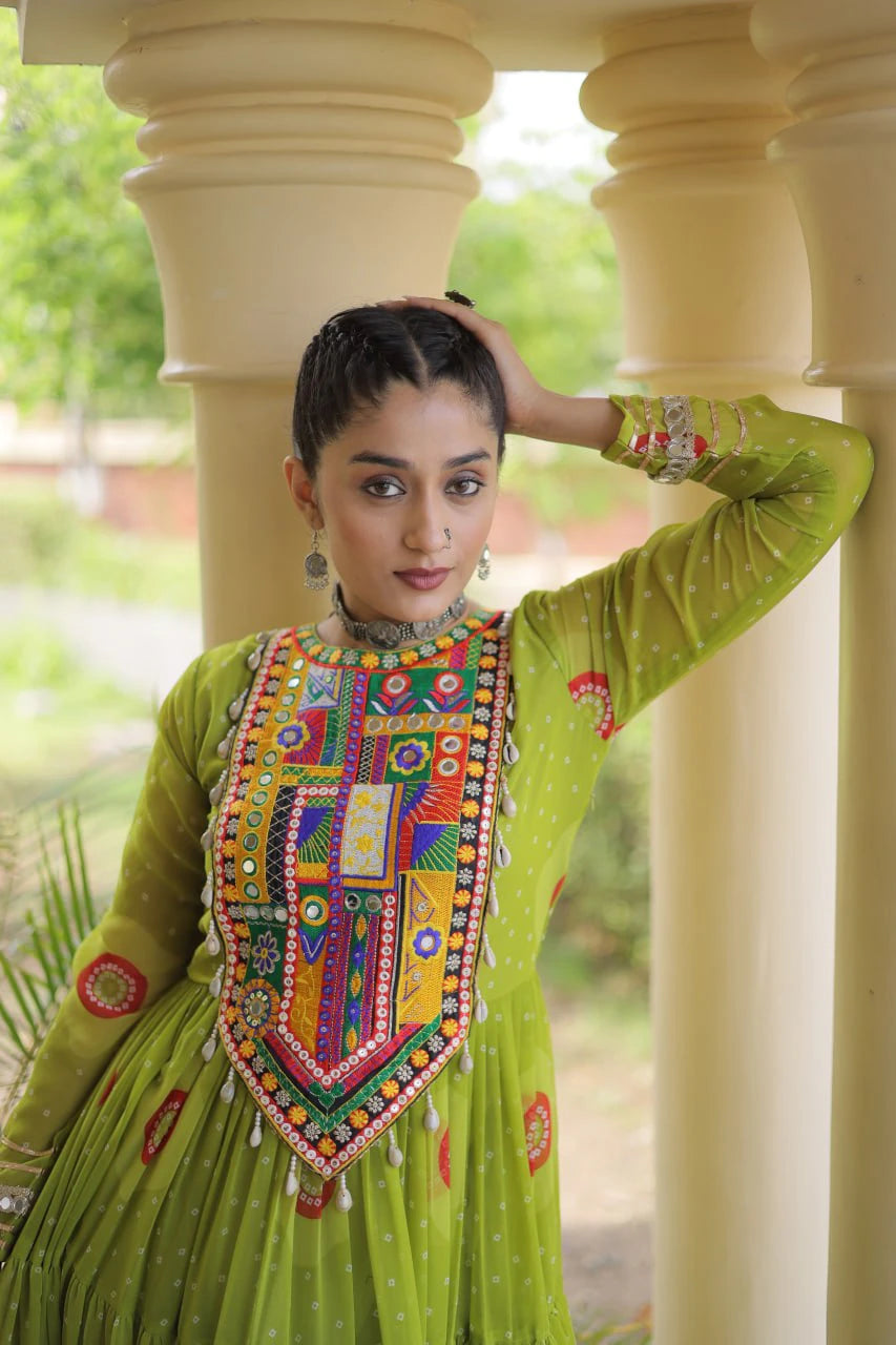 Traditional Green Bandhani Print Gown for Women with Kutchi Patchwork Festive Navratri Wear Dress (Copy)