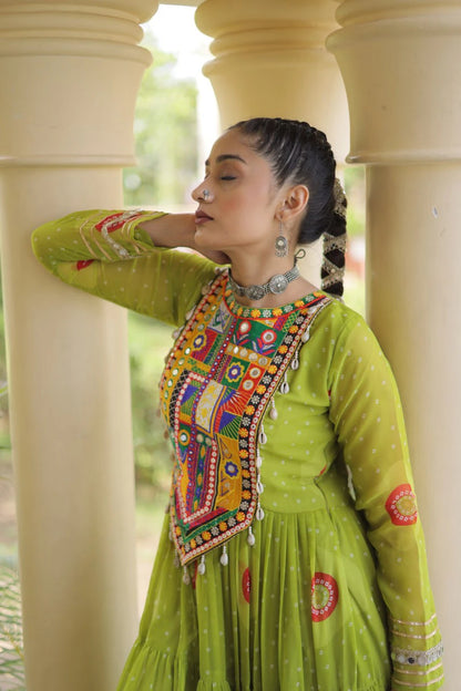 Traditional Green Bandhani Print Gown for Women with Kutchi Patchwork Festive Navratri Wear Dress (Copy)