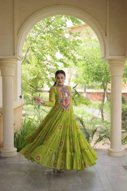 Traditional Green Bandhani Print Gown for Women with Kutchi Patchwork Festive Navratri Wear Dress (Copy)