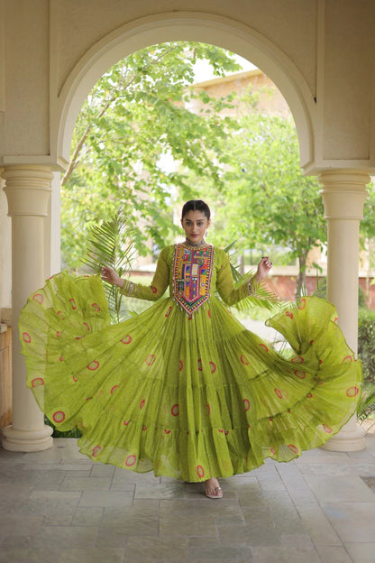 Traditional Green Bandhani Print Gown for Women with Kutchi Patchwork Festive Navratri Wear Dress (Copy)