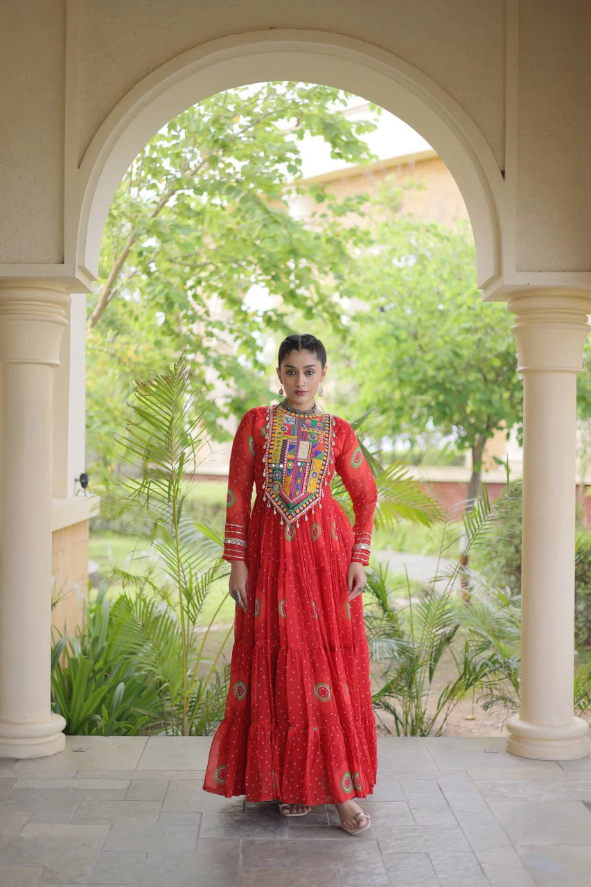 Traditional Orange Bandhani Print Gown for Women with Kutchi Patchwork Festive Navratri Wear Dress (Copy) (Copy) (Copy)