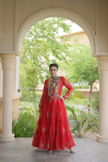 Traditional Orange Bandhani Print Gown for Women with Kutchi Patchwork Festive Navratri Wear Dress (Copy) (Copy) (Copy)