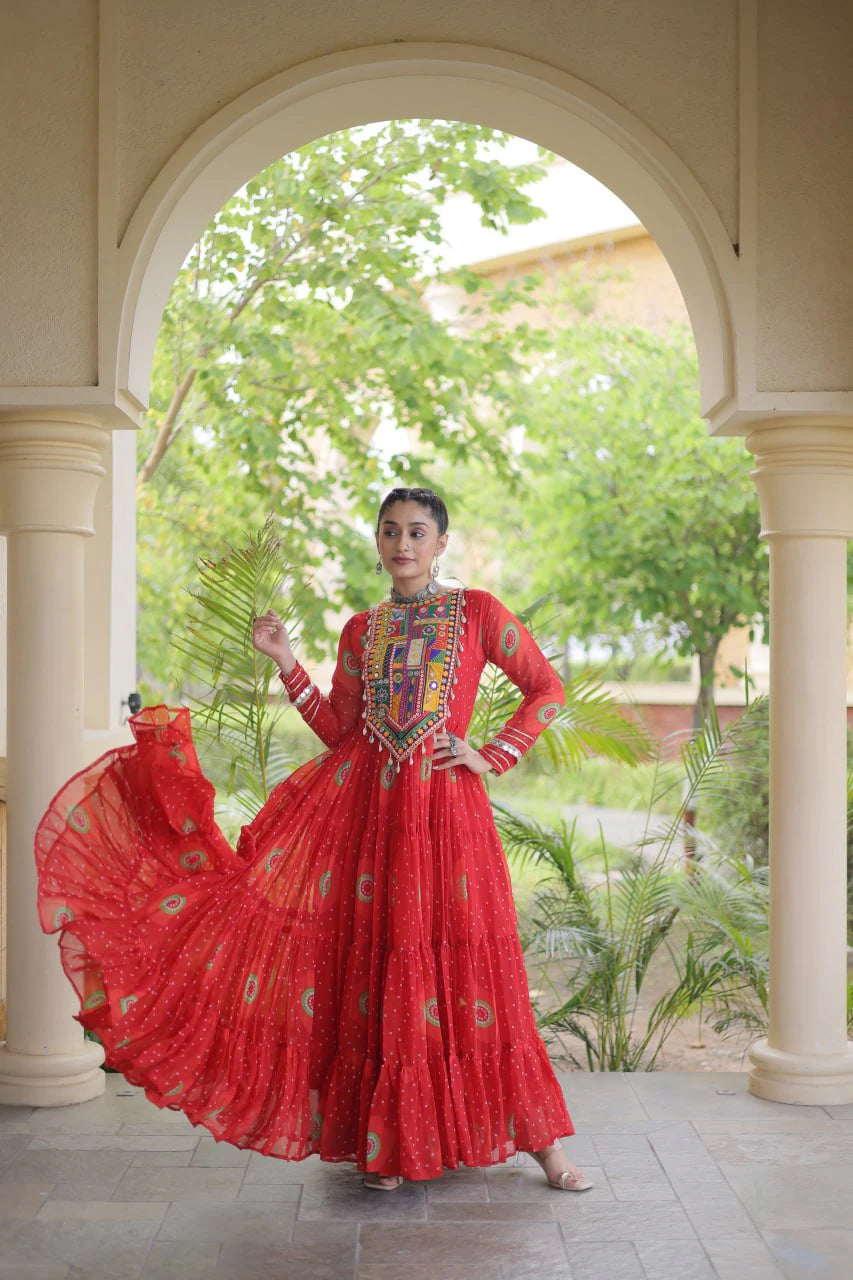 Traditional Orange Bandhani Print Gown for Women with Kutchi Patchwork Festive Navratri Wear Dress (Copy) (Copy) (Copy)