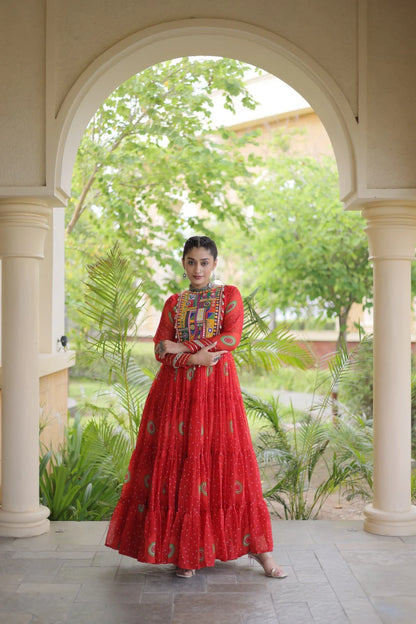 Traditional Orange Bandhani Print Gown for Women with Kutchi Patchwork Festive Navratri Wear Dress (Copy) (Copy) (Copy)